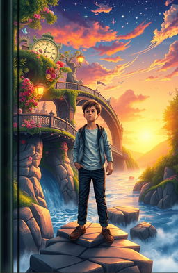 A serene and atmospheric book cover featuring a beautifully detailed bridge adorned with lush greenery and a flowing river underneath