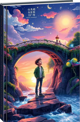 A serene and atmospheric book cover featuring a beautifully detailed bridge adorned with lush greenery and a flowing river underneath