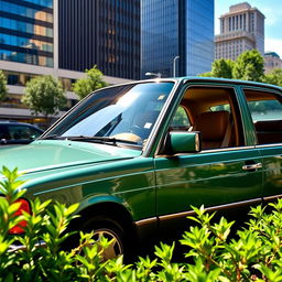 A stunning Mercedes-Benz W140 in a rare crystal green color, parked elegantly against a backdrop of an upscale urban setting