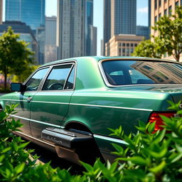 A stunning Mercedes-Benz W140 in a rare crystal green color, parked elegantly against a backdrop of an upscale urban setting