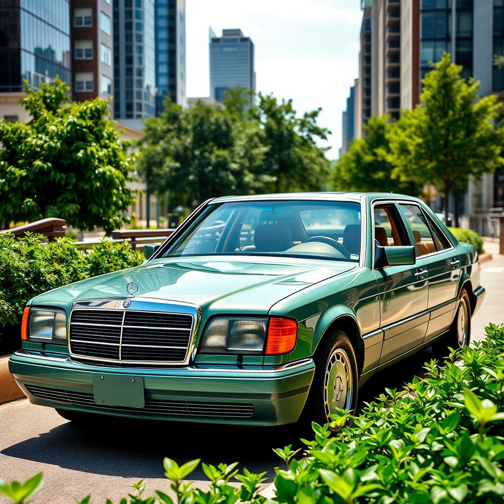 A stunning Mercedes-Benz W140 in a rare crystal green color, parked elegantly against a backdrop of an upscale urban setting