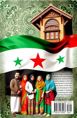 A beautifully designed front and back book cover featuring the Syrian flag prominently displayed, with rich green, white, and black colors