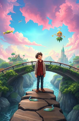 A serene and atmospheric book cover showcasing a picturesque bridge adorned with lush greenery and a flowing river underneath