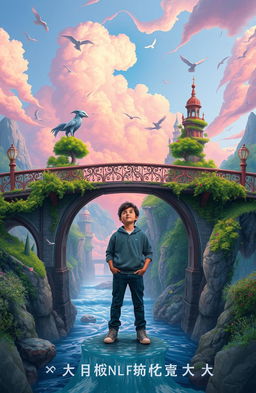 A serene and atmospheric book cover showcasing a picturesque bridge adorned with lush greenery and a flowing river underneath