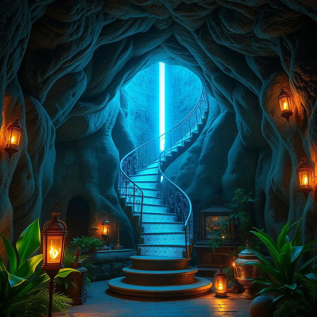 A fantasy and magical scene set inside an ancient cave or temple