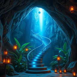A fantasy and magical scene set inside an ancient cave or temple