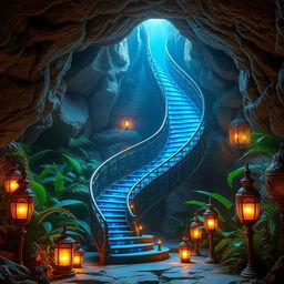 A fantasy and magical scene set inside an ancient cave or temple