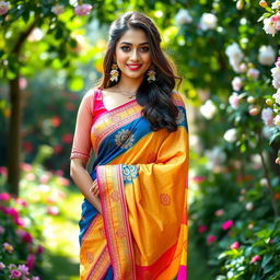 A beautiful woman elegantly draped in a colorful saree, showcasing intricate embroidery and vibrant patterns
