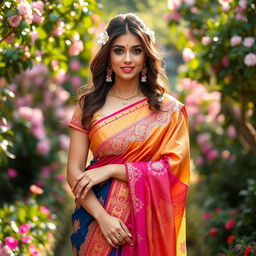 A beautiful woman elegantly draped in a colorful saree, showcasing intricate embroidery and vibrant patterns