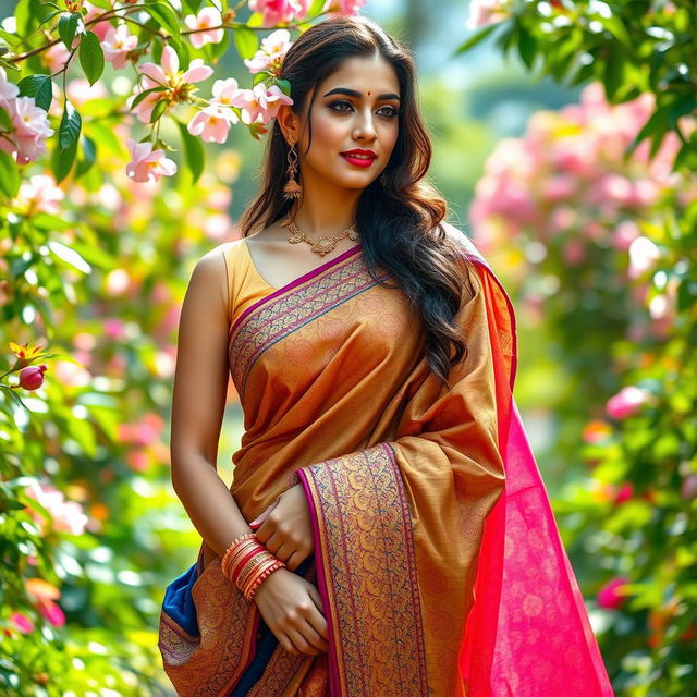 A beautiful woman elegantly draped in a colorful saree, showcasing intricate embroidery and vibrant patterns