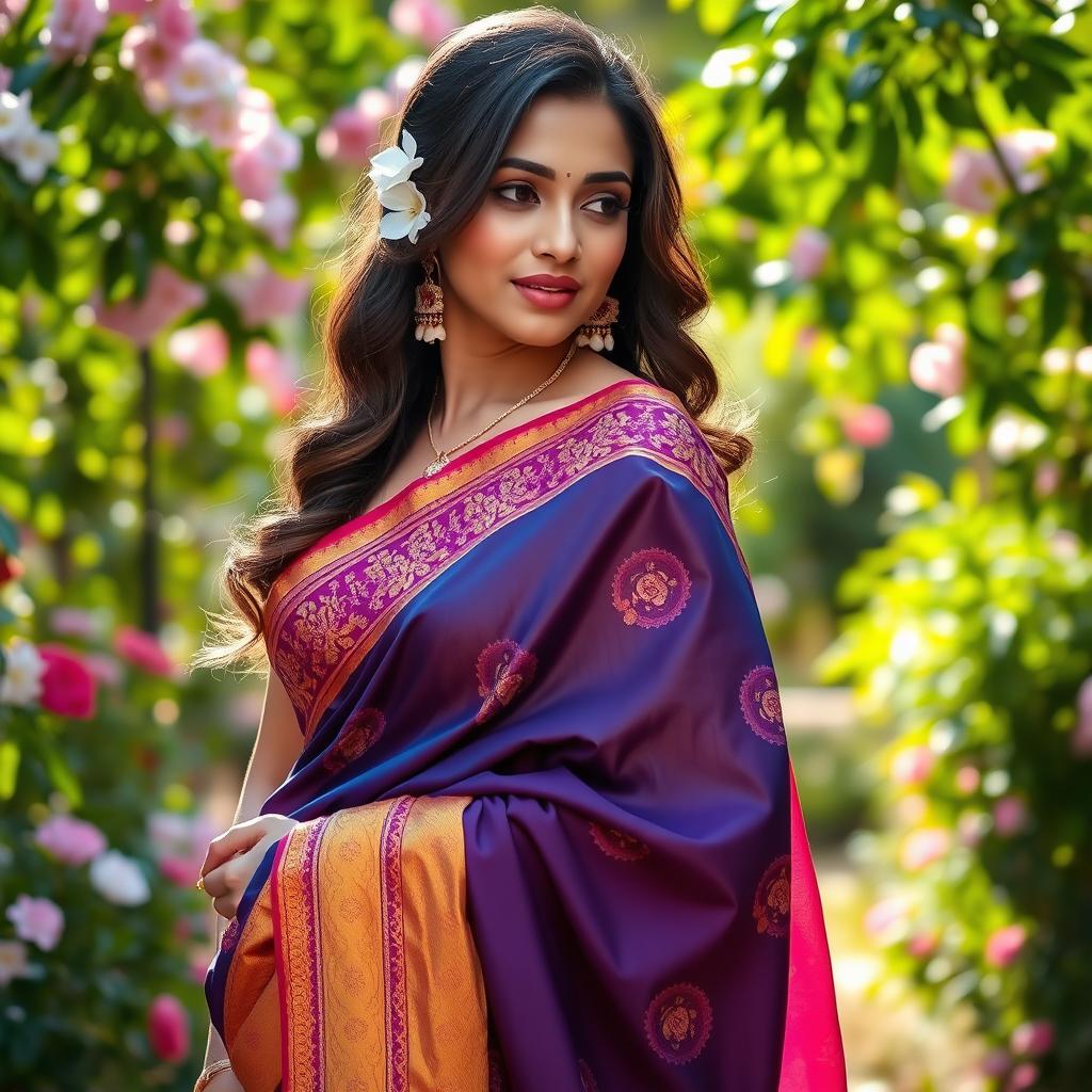 A beautiful woman elegantly draped in a colorful saree, showcasing intricate embroidery and vibrant patterns