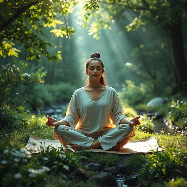 A serene and tranquil scene of a person meditating in a lush forest