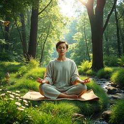 A serene and tranquil scene of a person meditating in a lush forest