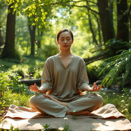 A serene and tranquil scene of a person meditating in a lush forest