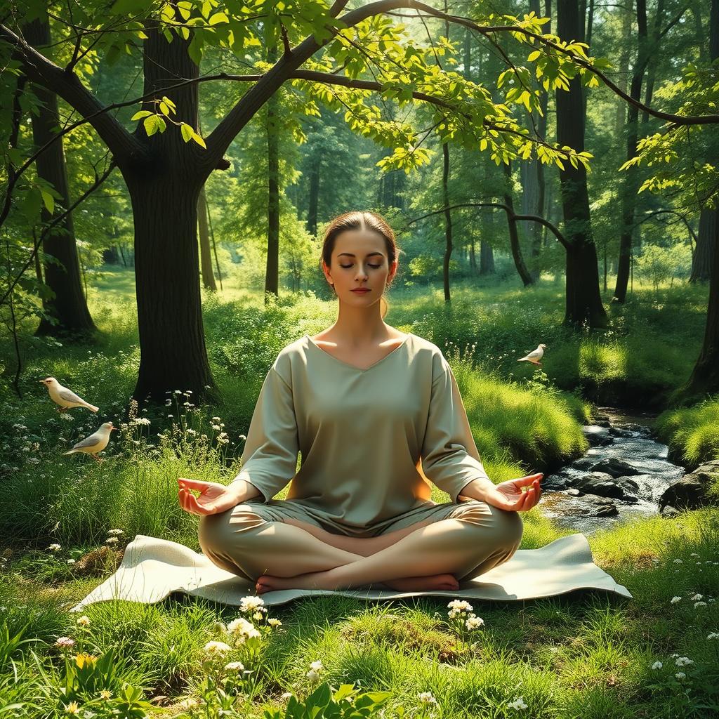 A serene and tranquil scene of a person meditating in a lush forest