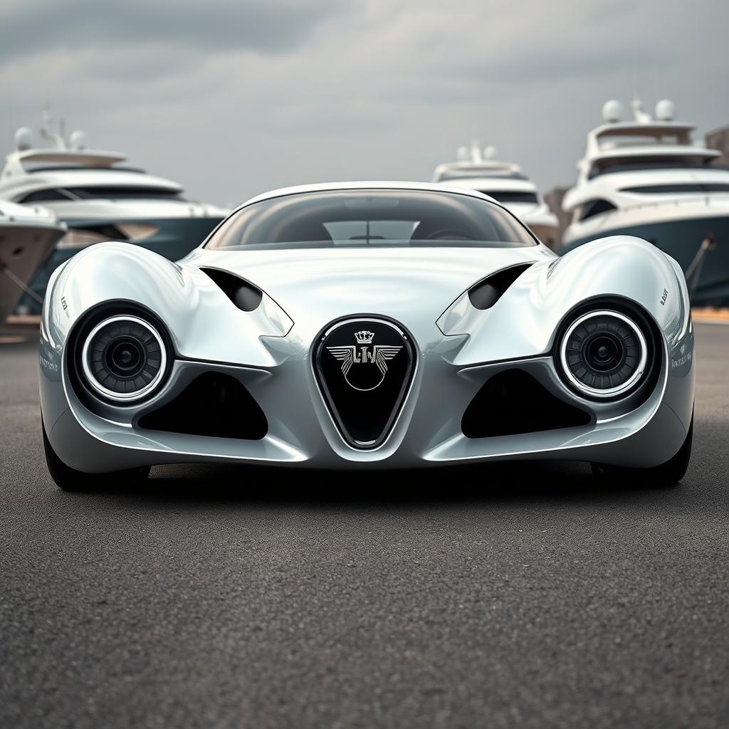A futuristic Italian supercar from the future, inspired by a 1940 Cadillac Coupe and the Frogeater, reimagined as a cutting-edge concept car by an esteemed designer