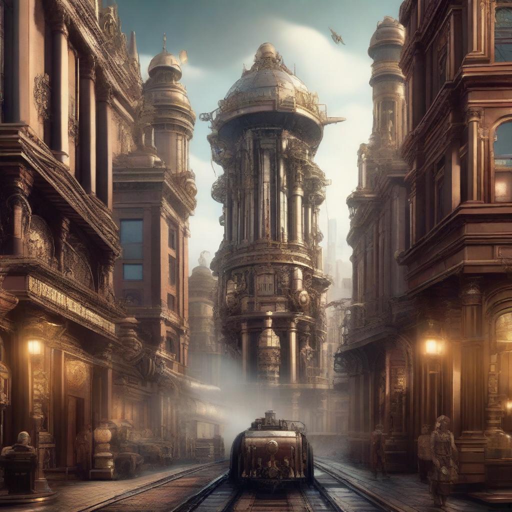 A high-quality digital art piece depicting a cityscape combining elements of Dieselpunk and Steampunk aesthetics, with one half showcasing sleek, mechanized Dieselpunk style and the other exhibiting ornate, brass-coated Steampunk style