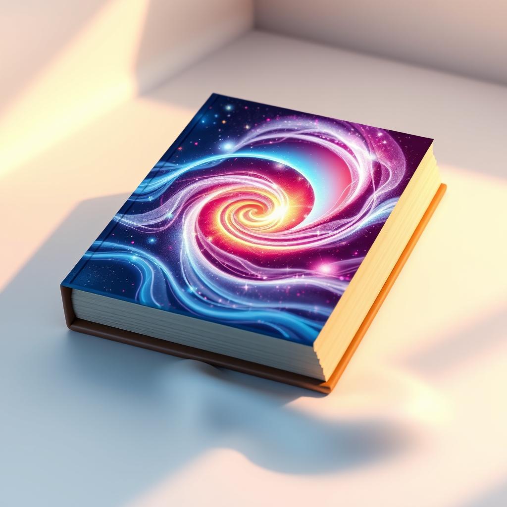 A 3D illustration of a meditation book featuring a captivating cover design that showcases a vibrant, swirling universe