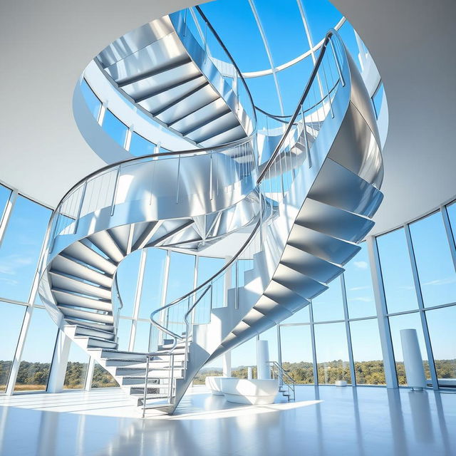 A giant, intricately designed aluminum staircase, twisted and bending in complex shapes, showcasing realistic detailing in its structure