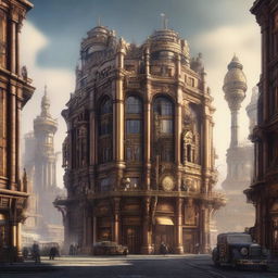 A high-quality digital art piece depicting a cityscape combining elements of Dieselpunk and Steampunk aesthetics, with one half showcasing sleek, mechanized Dieselpunk style and the other exhibiting ornate, brass-coated Steampunk style