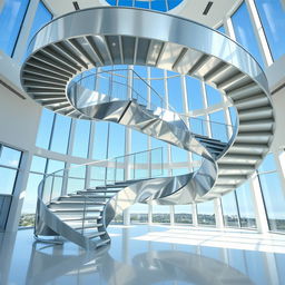 A giant, intricately designed aluminum staircase, twisted and bending in complex shapes, showcasing realistic detailing in its structure