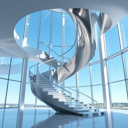 A giant, intricately designed aluminum staircase, twisted and bending in complex shapes, showcasing realistic detailing in its structure