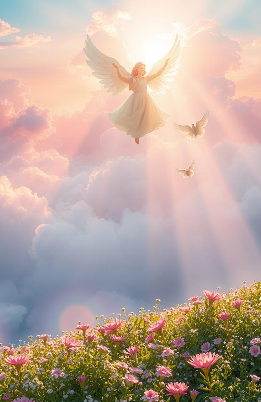 A breathtaking heavenly landscape featuring ethereal clouds, soft golden light filtering through, and gentle rays illuminating a serene scene of angelic figures gracefully floating