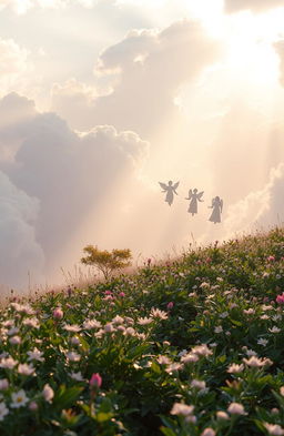 A breathtaking heavenly landscape featuring ethereal clouds, soft golden light filtering through, and gentle rays illuminating a serene scene of angelic figures gracefully floating