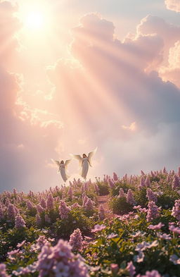 A breathtaking heavenly landscape featuring ethereal clouds, soft golden light filtering through, and gentle rays illuminating a serene scene of angelic figures gracefully floating