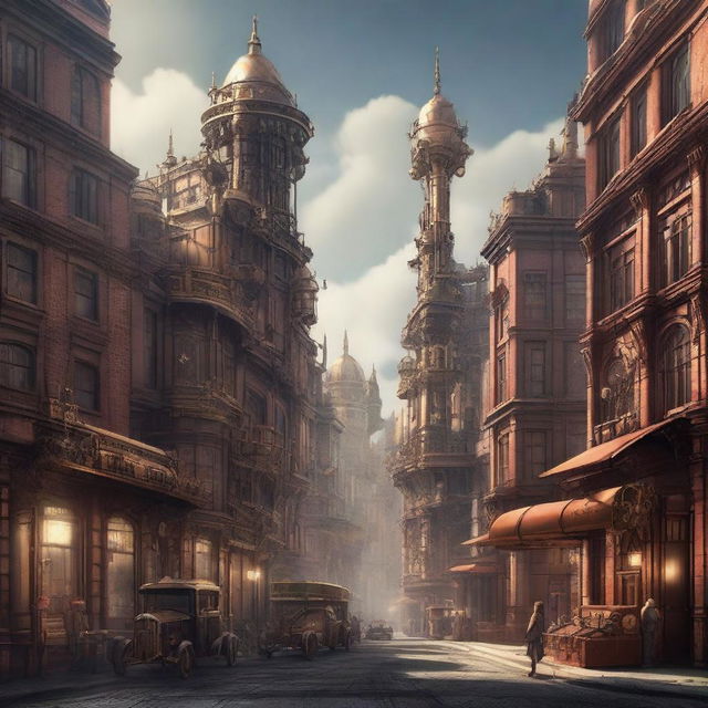 A high-quality digital art piece depicting a cityscape combining elements of Dieselpunk and Steampunk aesthetics, with one half showcasing sleek, mechanized Dieselpunk style and the other exhibiting ornate, brass-coated Steampunk style