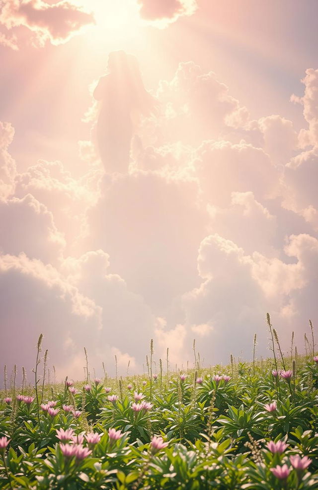 A breathtaking heavenly landscape featuring ethereal clouds, soft golden light filtering through, and gentle rays illuminating a serene scene of angelic figures gracefully floating