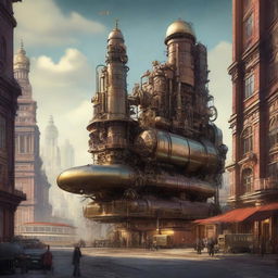 A high-quality digital art piece depicting a cityscape combining elements of Dieselpunk and Steampunk aesthetics, with one half showcasing sleek, mechanized Dieselpunk style and the other exhibiting ornate, brass-coated Steampunk style