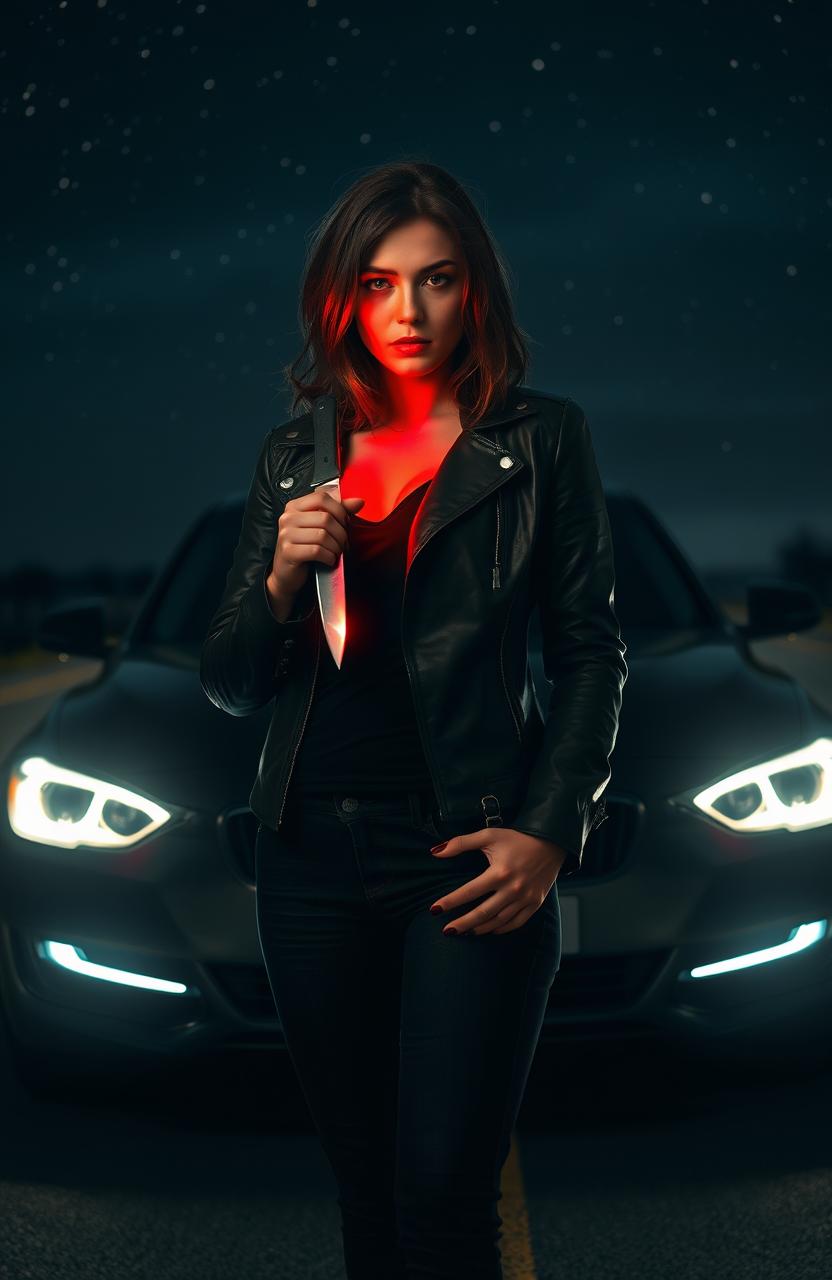 A dramatic nighttime scene featuring a woman standing confidently in front of a car, illuminated by its bright headlights