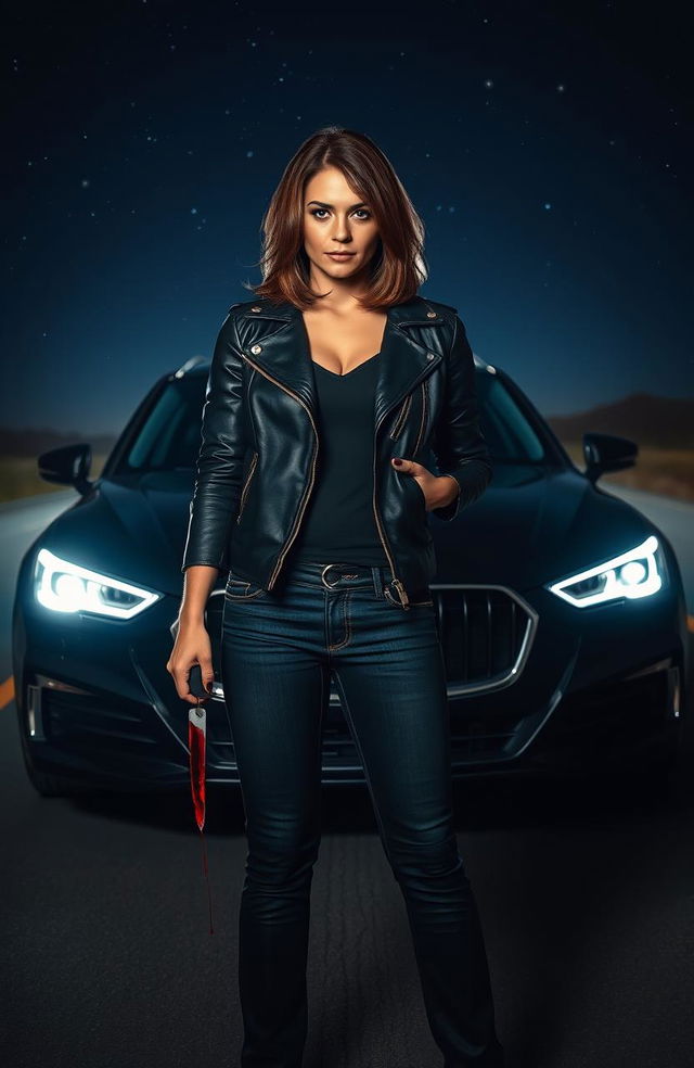 A dramatic nighttime scene featuring a woman standing confidently in front of a car, illuminated by its bright headlights