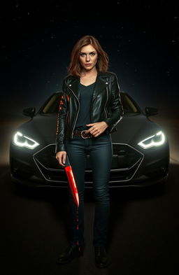 A dramatic nighttime scene featuring a woman standing confidently in front of a car, illuminated by its bright headlights
