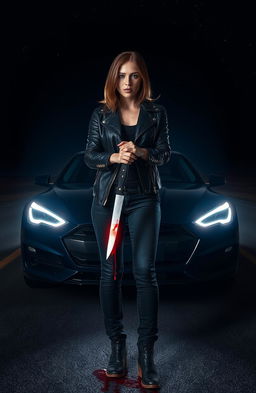 A dramatic nighttime scene featuring a woman standing confidently in front of a car, illuminated by its bright headlights