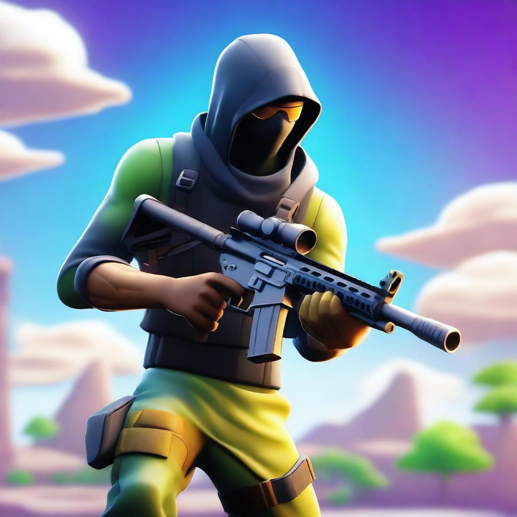 A high-quality, digital art image featuring a Fortnite character holding a sniper rifle, aiming into the distance