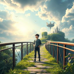 A serene and atmospheric book cover depicting a beautiful bridge surrounded by vibrant greenery, set against a stunning sky