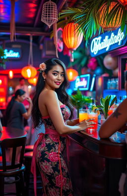 A vibrant scene depicting a lively Thai bar filled with local charm, showcasing a beautiful bar girl with enchanting features, wearing traditional Thai attire that elegantly highlights her figure