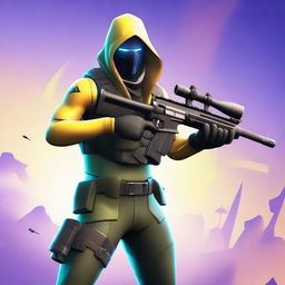 A high-quality, digital art image featuring a Fortnite character holding a sniper rifle, aiming into the distance