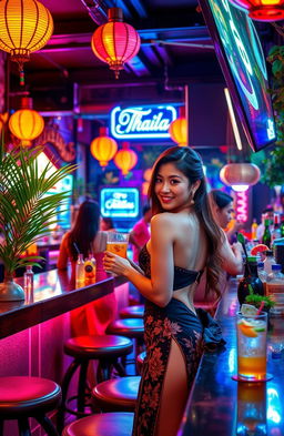 A vibrant scene depicting a lively Thai bar filled with local charm, showcasing a beautiful bar girl with enchanting features, wearing traditional Thai attire that elegantly highlights her figure