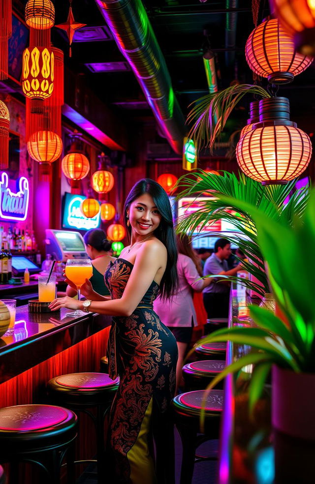 A vibrant scene depicting a lively Thai bar filled with local charm, showcasing a beautiful bar girl with enchanting features, wearing traditional Thai attire that elegantly highlights her figure