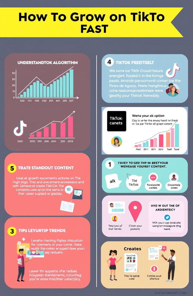 An infographic titled 'How to Grow on TikTok Fast' featuring various sections on understanding the TikTok algorithm, tips for creating standout content, and ways to leverage trends effectively