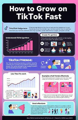 An infographic titled 'How to Grow on TikTok Fast' featuring various sections on understanding the TikTok algorithm, tips for creating standout content, and ways to leverage trends effectively