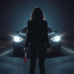 A dramatic nighttime scene featuring a stylized silhouette of a woman standing with her back to the viewer, positioned in front of a car, illuminated by its bright headlights