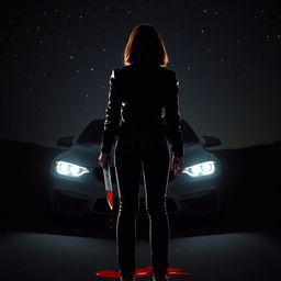 A dramatic nighttime scene featuring a stylized silhouette of a woman standing with her back to the viewer, positioned in front of a car, illuminated by its bright headlights