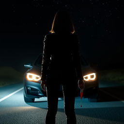 A dramatic nighttime scene featuring a stylized silhouette of a woman standing with her back to the viewer, positioned in front of a car, illuminated by its bright headlights