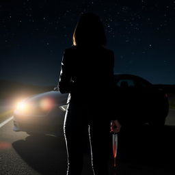 A dramatic nighttime scene featuring a stylized silhouette of a woman standing with her back to the viewer, positioned in front of a car, illuminated by its bright headlights