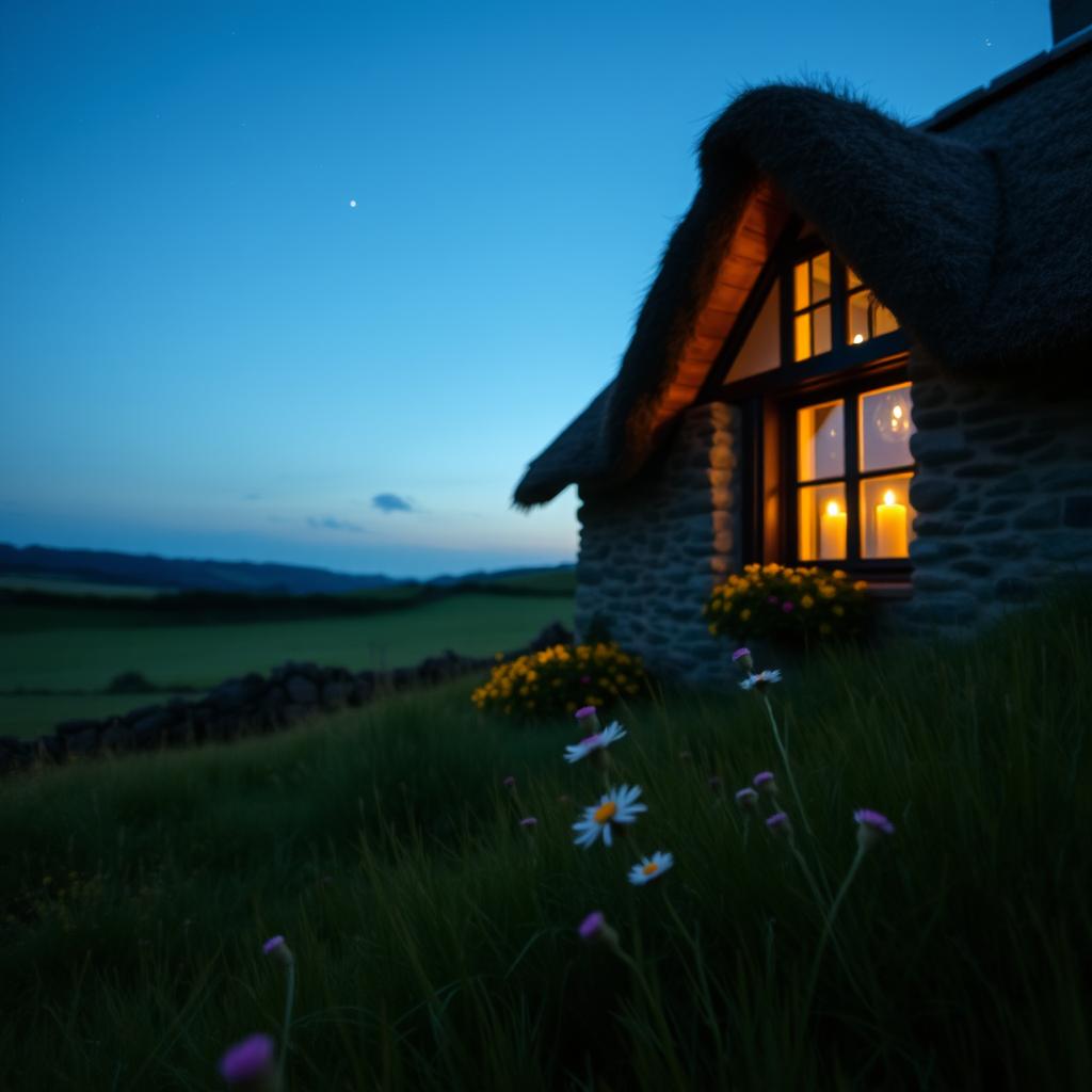 A picturesque view of a cozy Irish cottage, showcasing candlelights glowing warmly in the windows