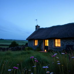 A picturesque view of a cozy Irish cottage, showcasing candlelights glowing warmly in the windows